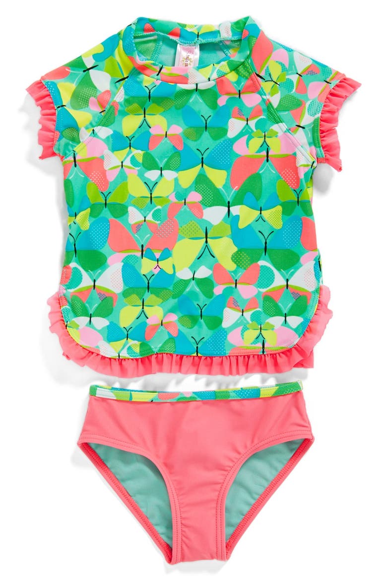 'Butterflies' Two-Piece Rashguard Swimsuit, Main, color, SEA FOAM