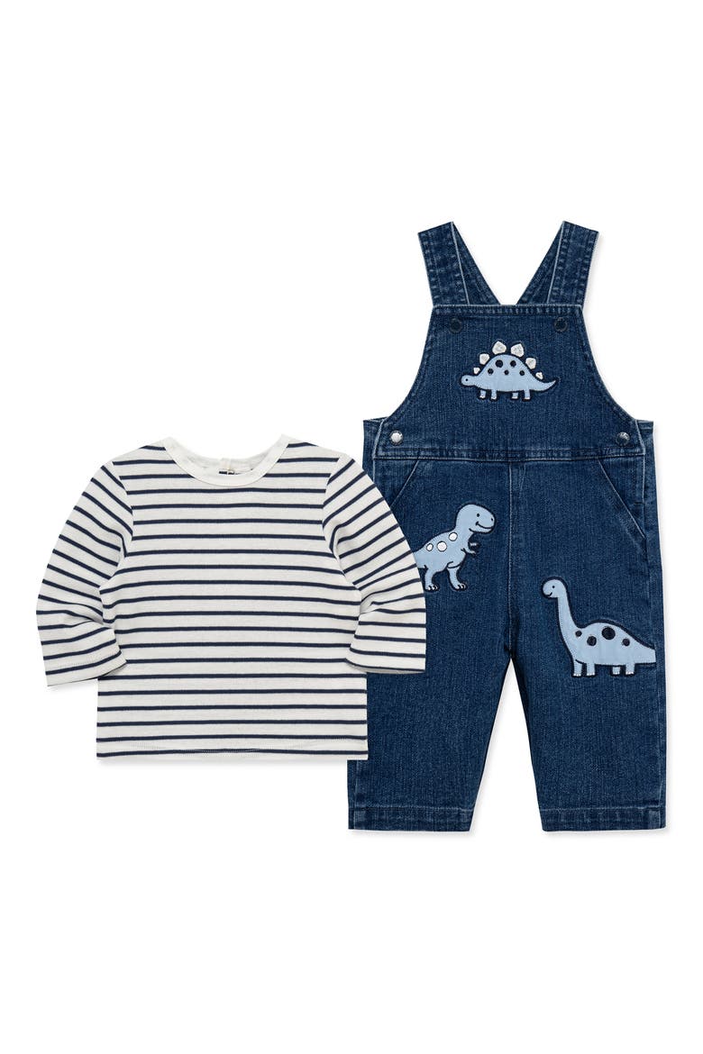 Dino Stripe Long Sleeve T-Shirt & Overalls Set, Alternate, color, DENIM