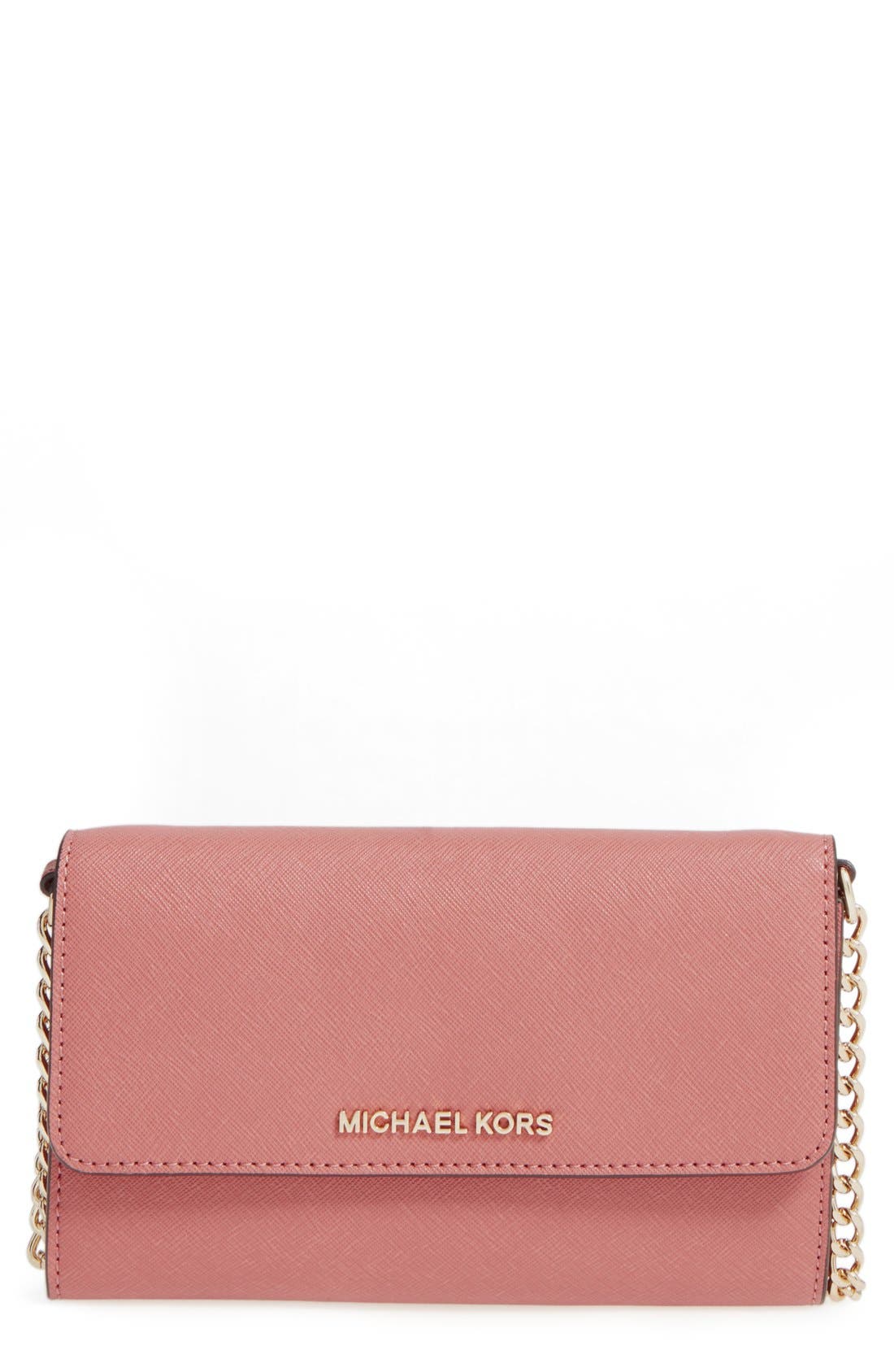 'Jet Set - Large Phone' Saffiano Leather Crossbody Bag, Main, color, ANTIQUE ROSE/ GOLD