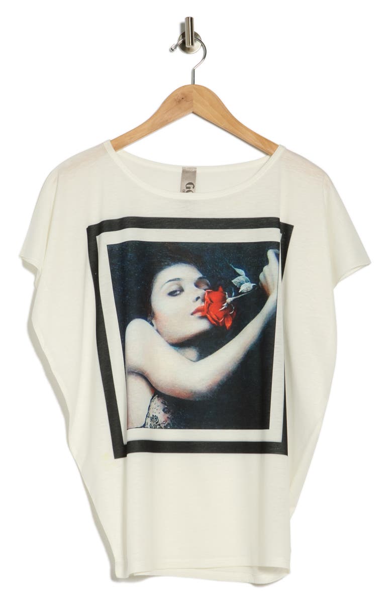 GO COUTURE Woman Rose Cap Sleeve Graphic T-Shirt, Main, color, White Print/ Woman