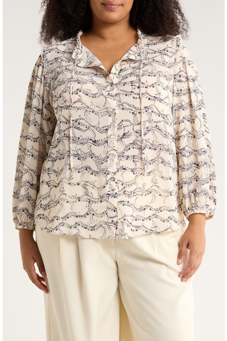 Ruffle Neck Woven Button-Up Shirt, Main, color, CHAMPAGNE BUBBLE SWIRL