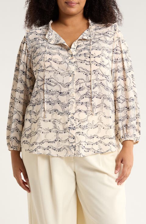 Ruffle Neck Woven Button-Up Shirt (Plus)
