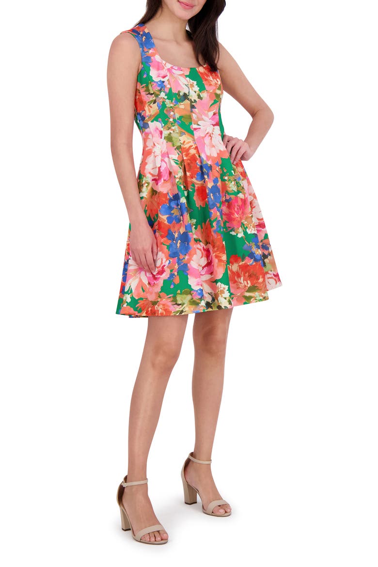 Floral Pleated Scuba Knit Fit & Flare Dress, Alternate, color, GREEN