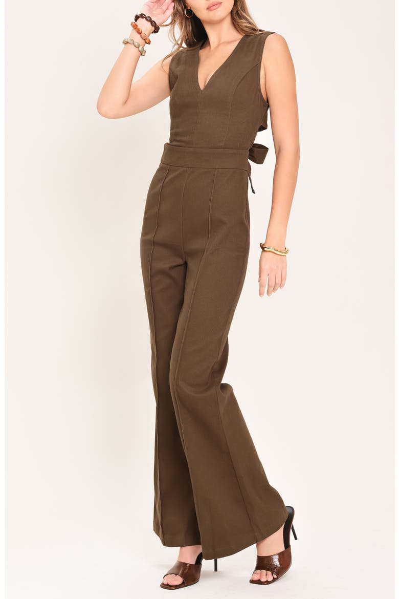 Sleeveless Tie Back Flare Leg Jumpsuit, Alternate, color, BROWN