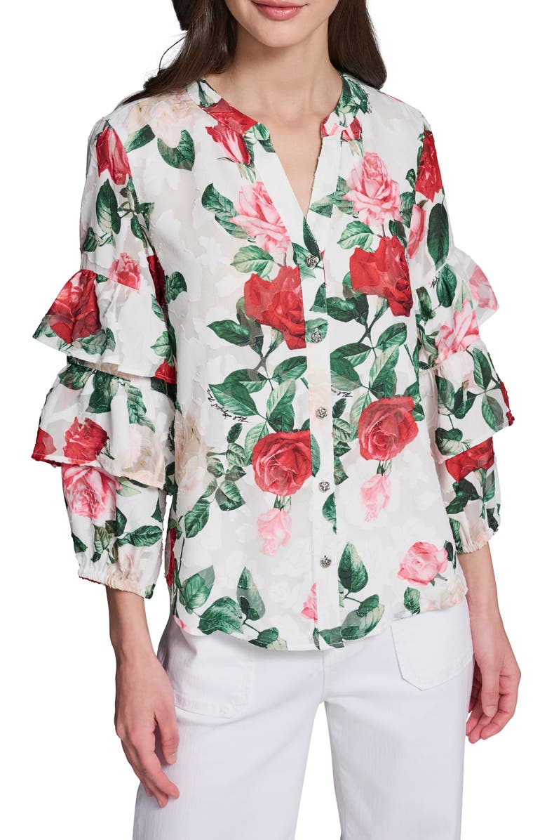 KARL LAGERFELD PARIS Rose Print Ruffle Top, Main, color, 