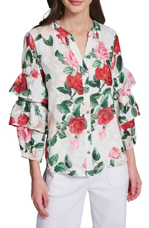 Rose Print Ruffle Top