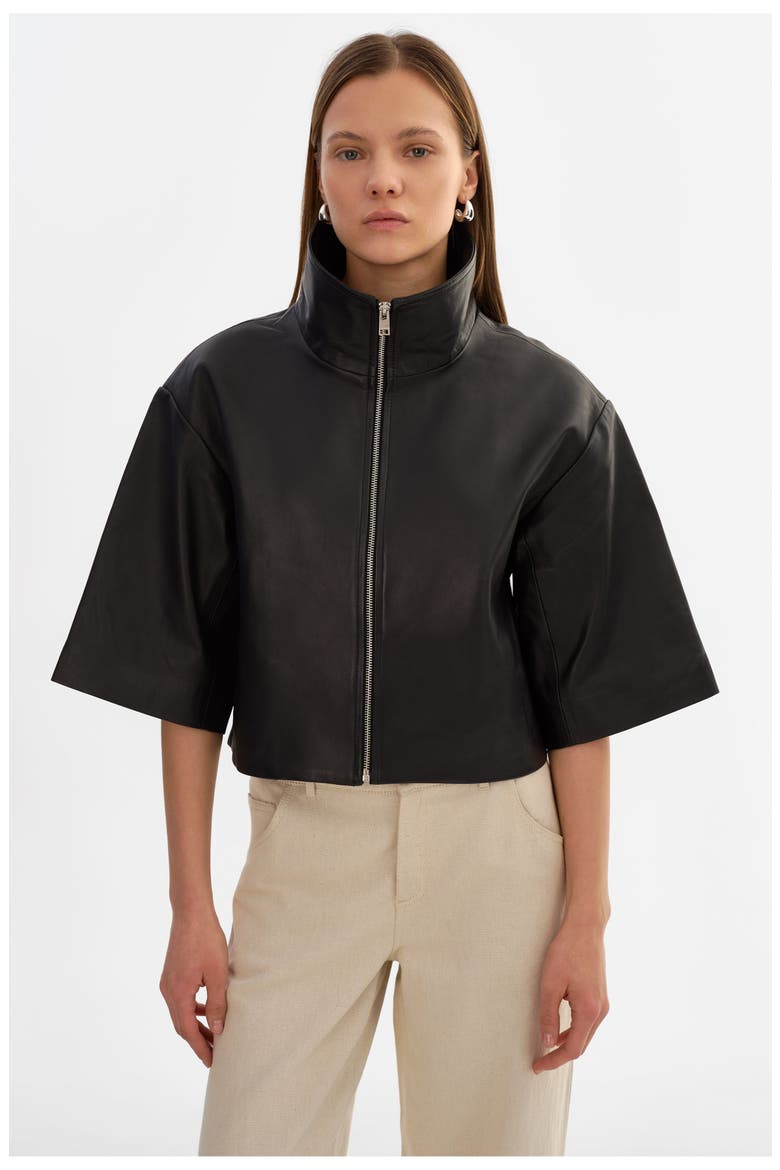 Elin | Leather Funnel Neck Jacket, Alternate, color, Black