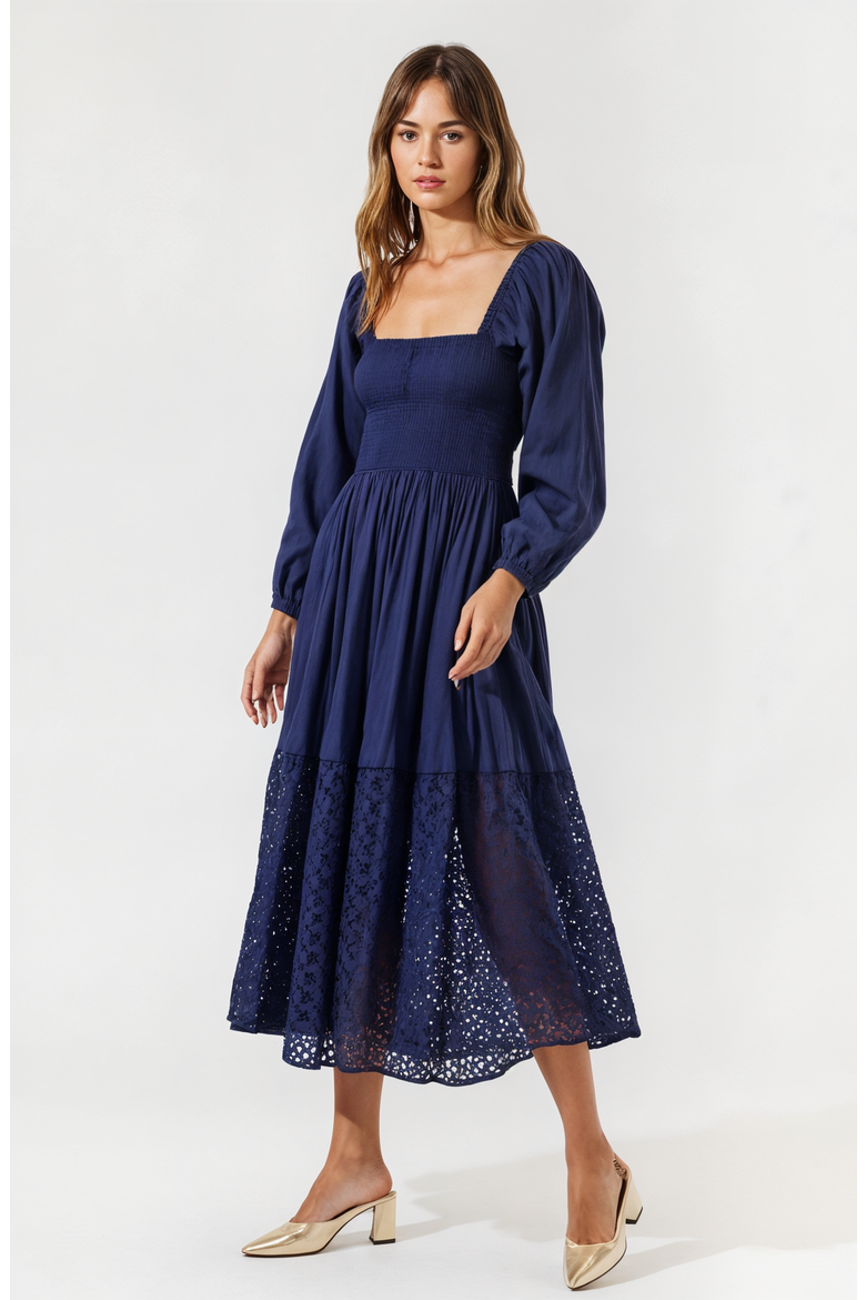 Square-Neck Smocked Midi Dress with Long Sleeves and Eyelet Hem, Alternate, color, Navy Blue
