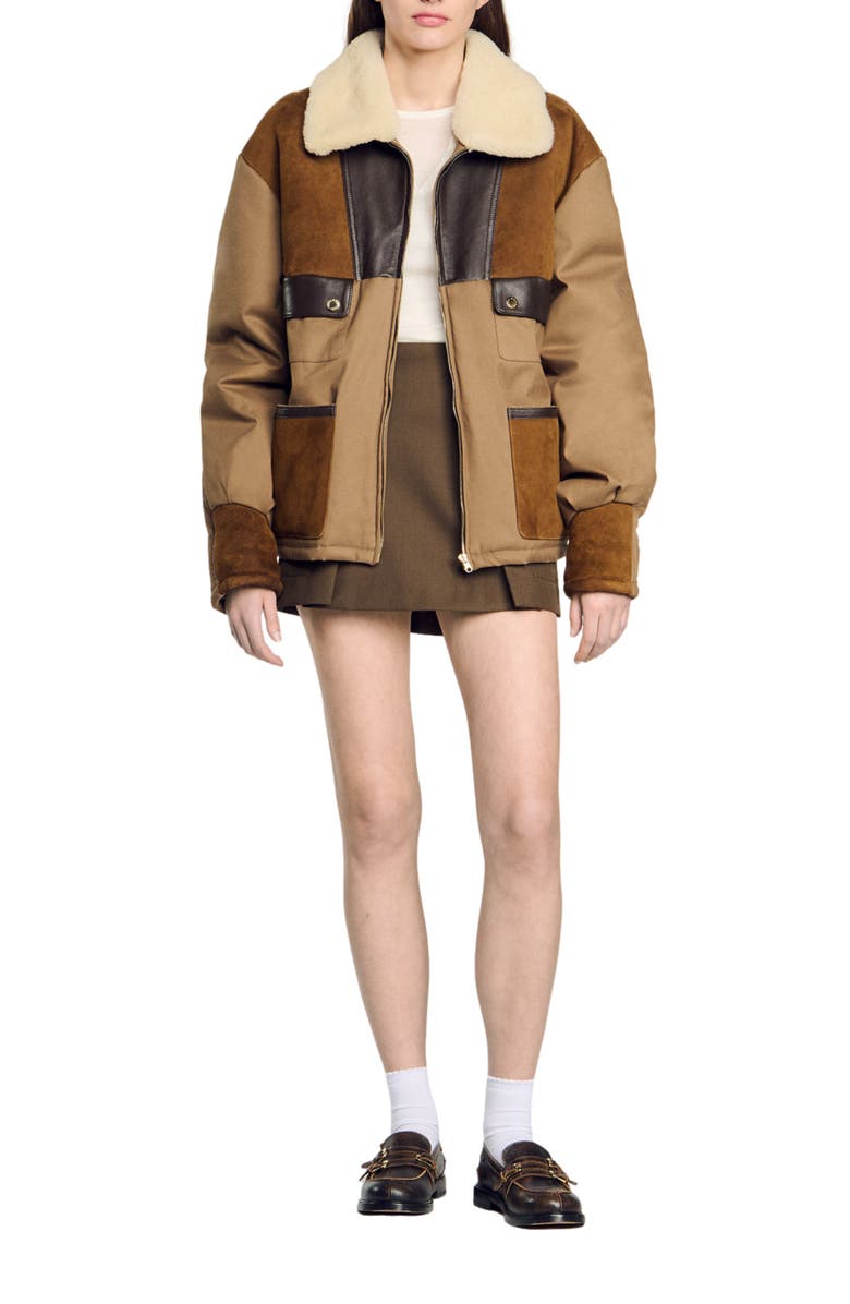 SANDRO Shearling collar jacket, Main, color, 