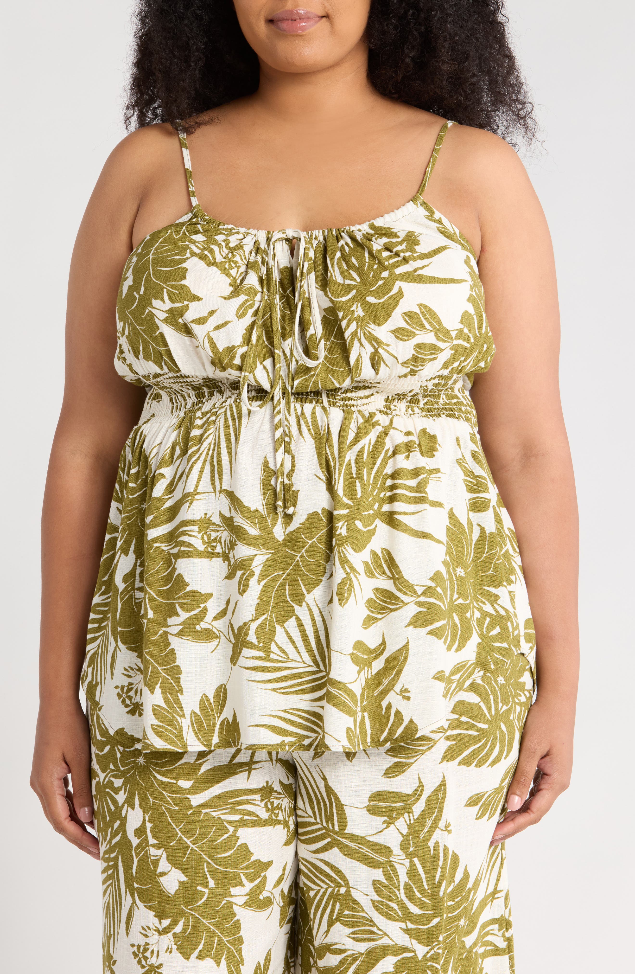 Renee C Leaf Print Smocked Peplum Camisole