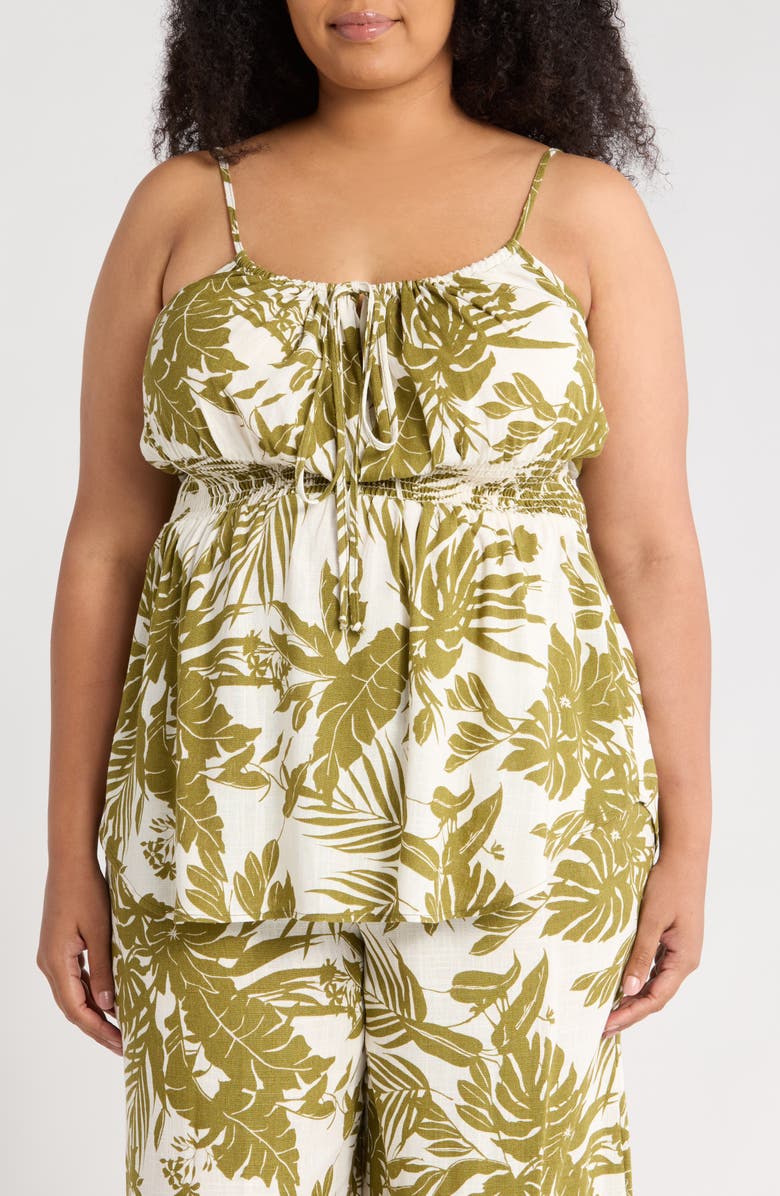 Renee C Leaf Print Smocked Peplum Camisole, Main, color, Olive