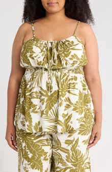 Renee C Leaf Print Smocked Peplum Camisole