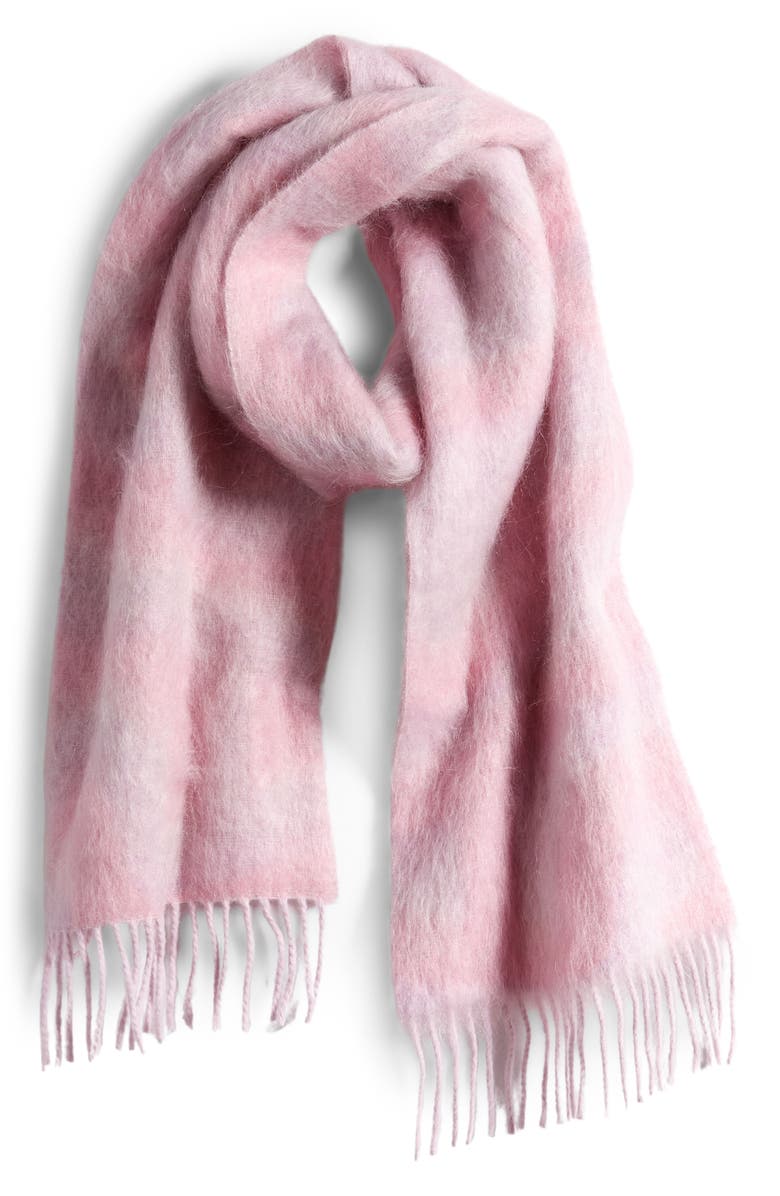 Acne Studios Vandy Logo Jacquard Wool Blend Fringe Scarf, Alternate, color, Pink