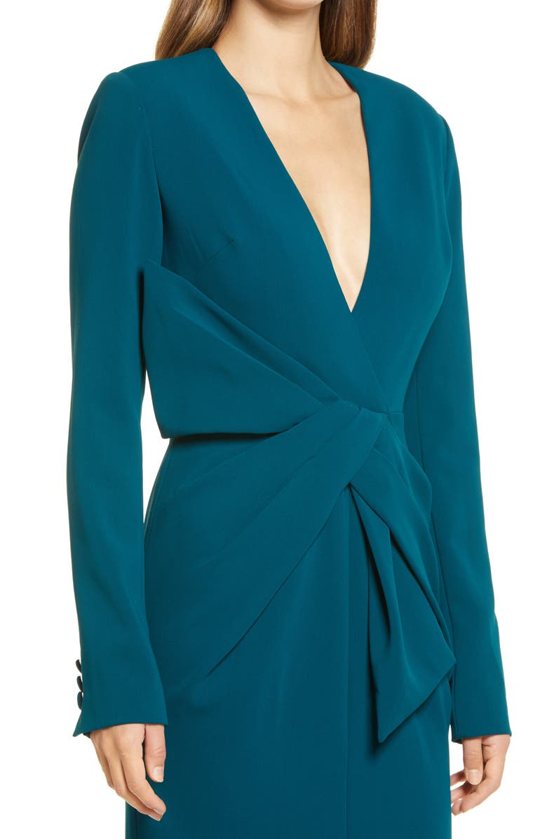 Badgley Mischka Collection Asymmetrical Bow Waist Long Sleeve Dress, Alternate, color,