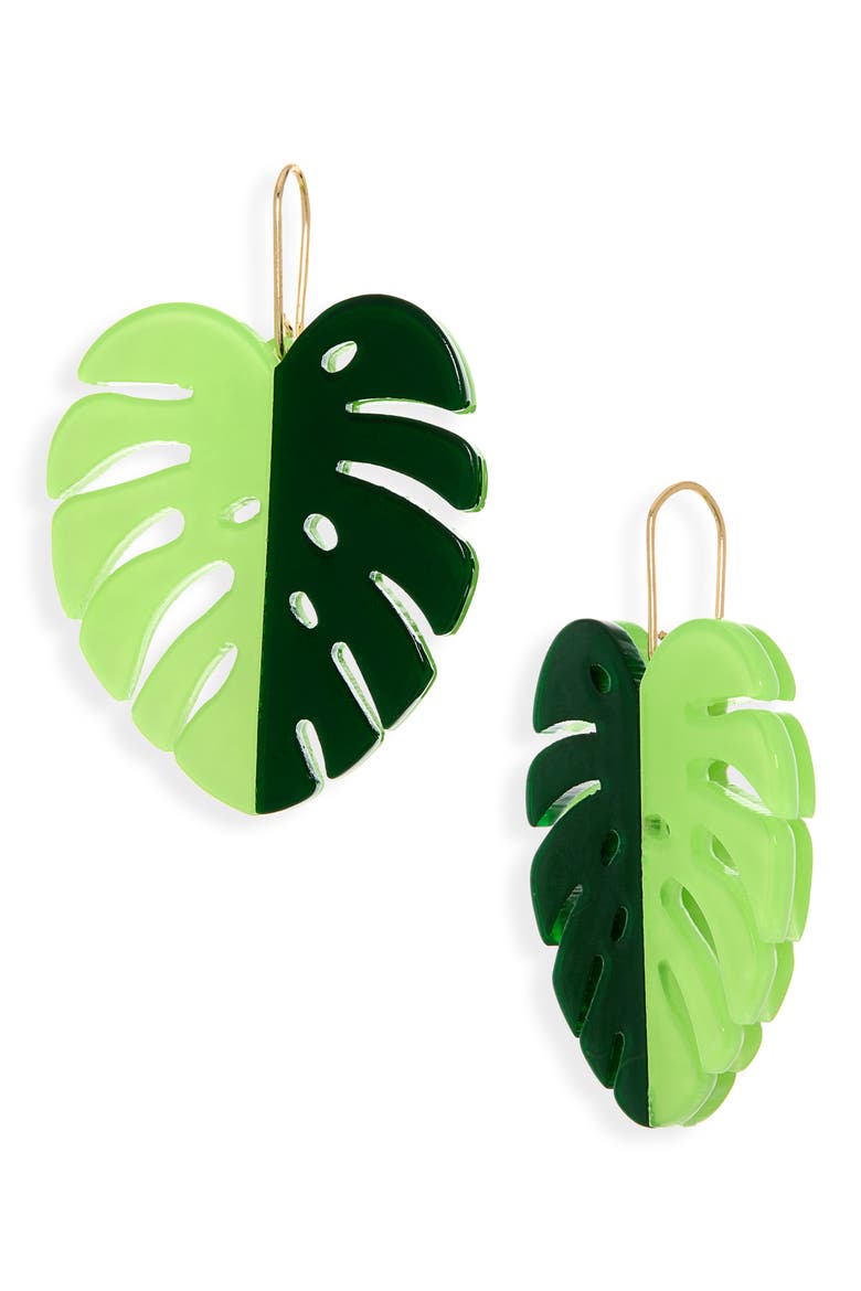 Monstera Leaf Drop Earrings, Main, color, GREEN MULTI- GOLD