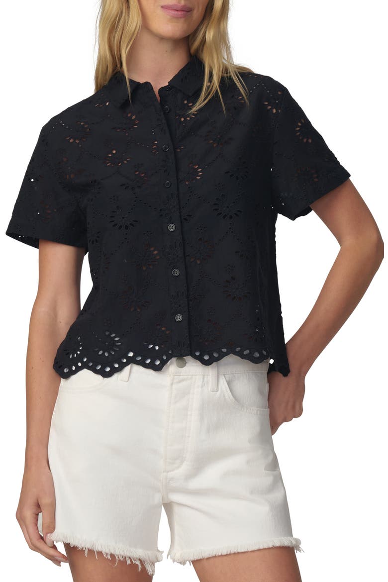 Sheer Crop Cotton Broderie Anglaise Button-Up Shirt, Main, color, BLACK