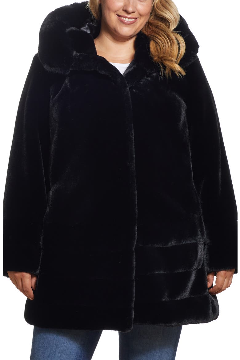 Hooded Faux Fur Coat, Alternate, color, BLACK