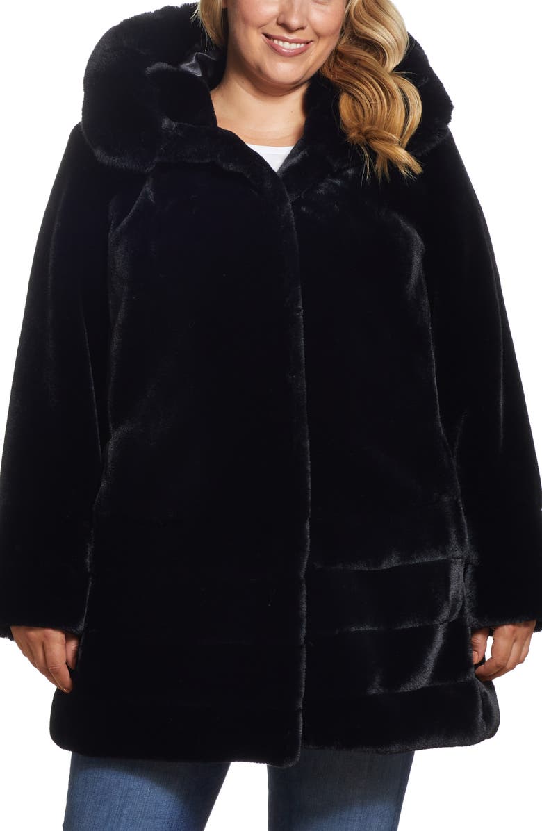 Gallery Hooded Faux Fur Coat, Alternate, color, Black