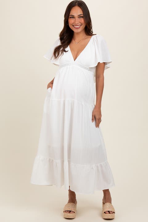 Deep V-Neck Flutter Sleeve Tiered Midi Dress