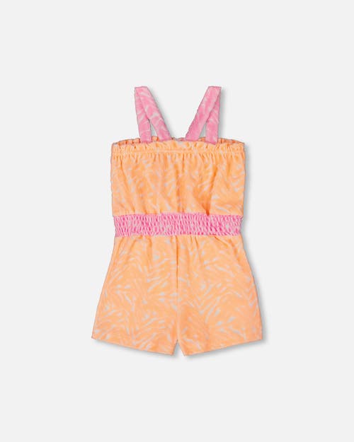 Deux Par Deux Girl's Printed Terry Cloth Romper Vibrant Orange And White In Vibrant Orange White And Mauve