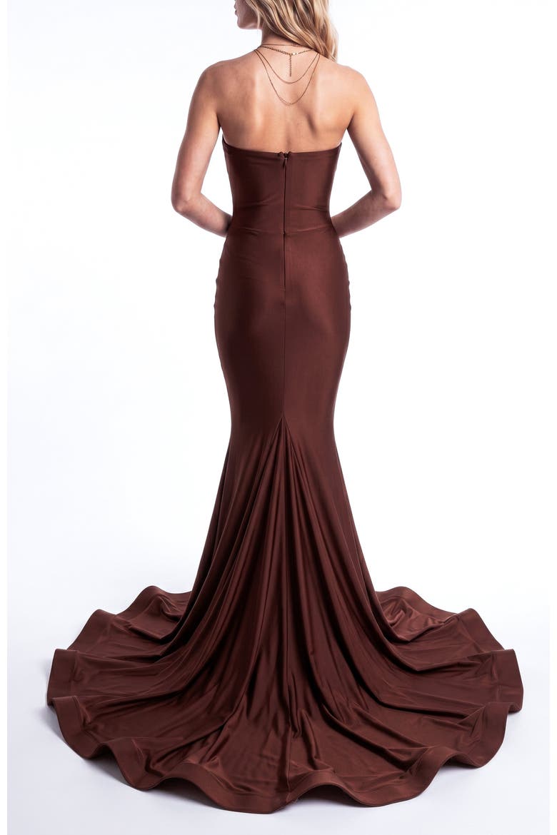 Ruched Cowl Neck Mermaid Gown With Train, Alternate, color, Brown