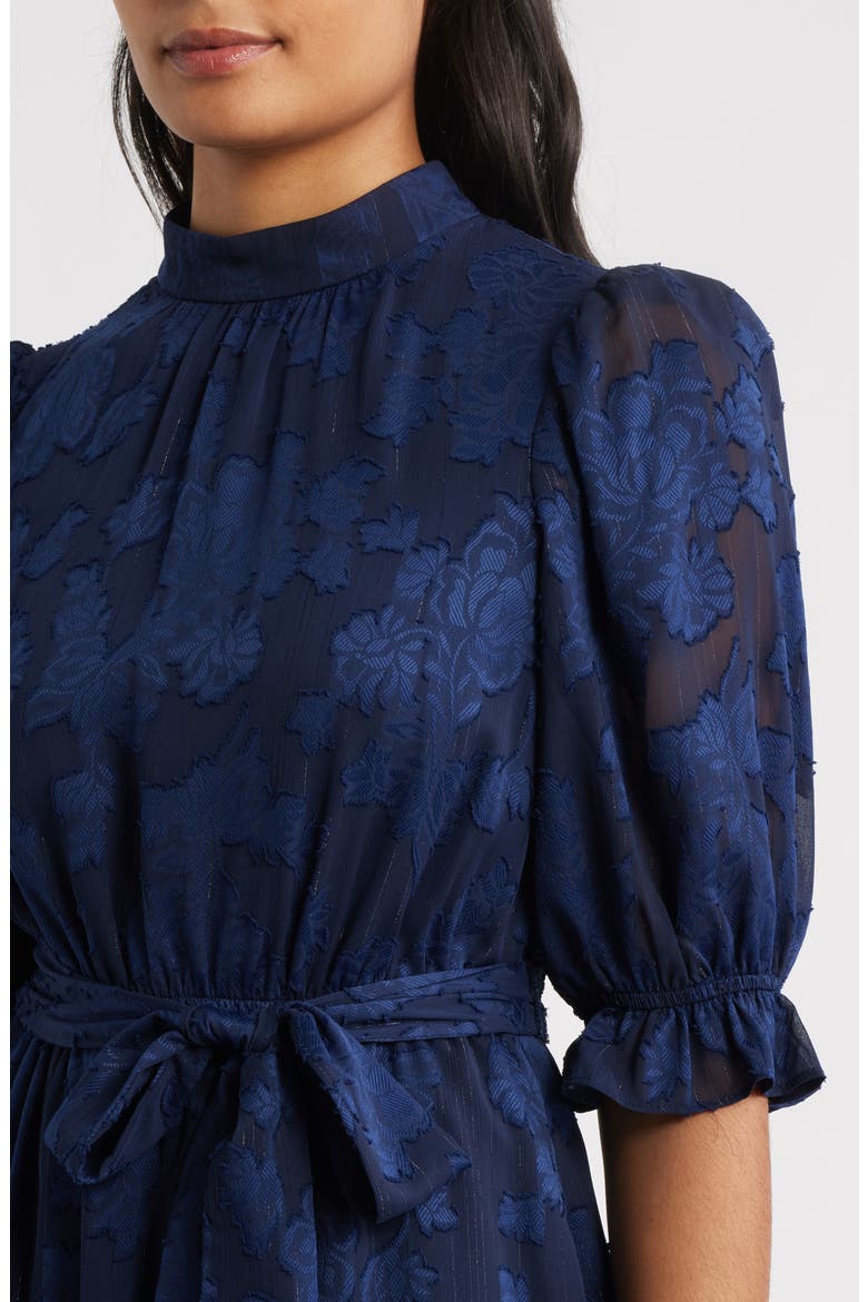 Floral Jacquard Metallic Stripe Chiffon Dress, Alternate, color, NAVY