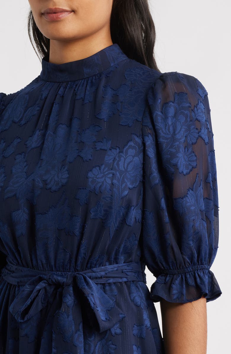 Eliza J Floral Jacquard Metallic Stripe Chiffon Dress, Alternate, color, Navy