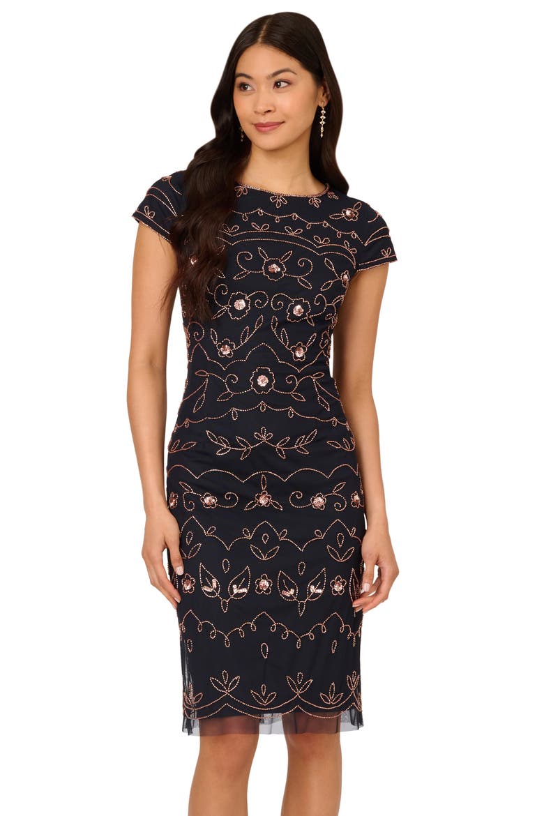 Beaded Sheath Cocktail Dress, Alternate, color, NAVY/ ROSEGOLD