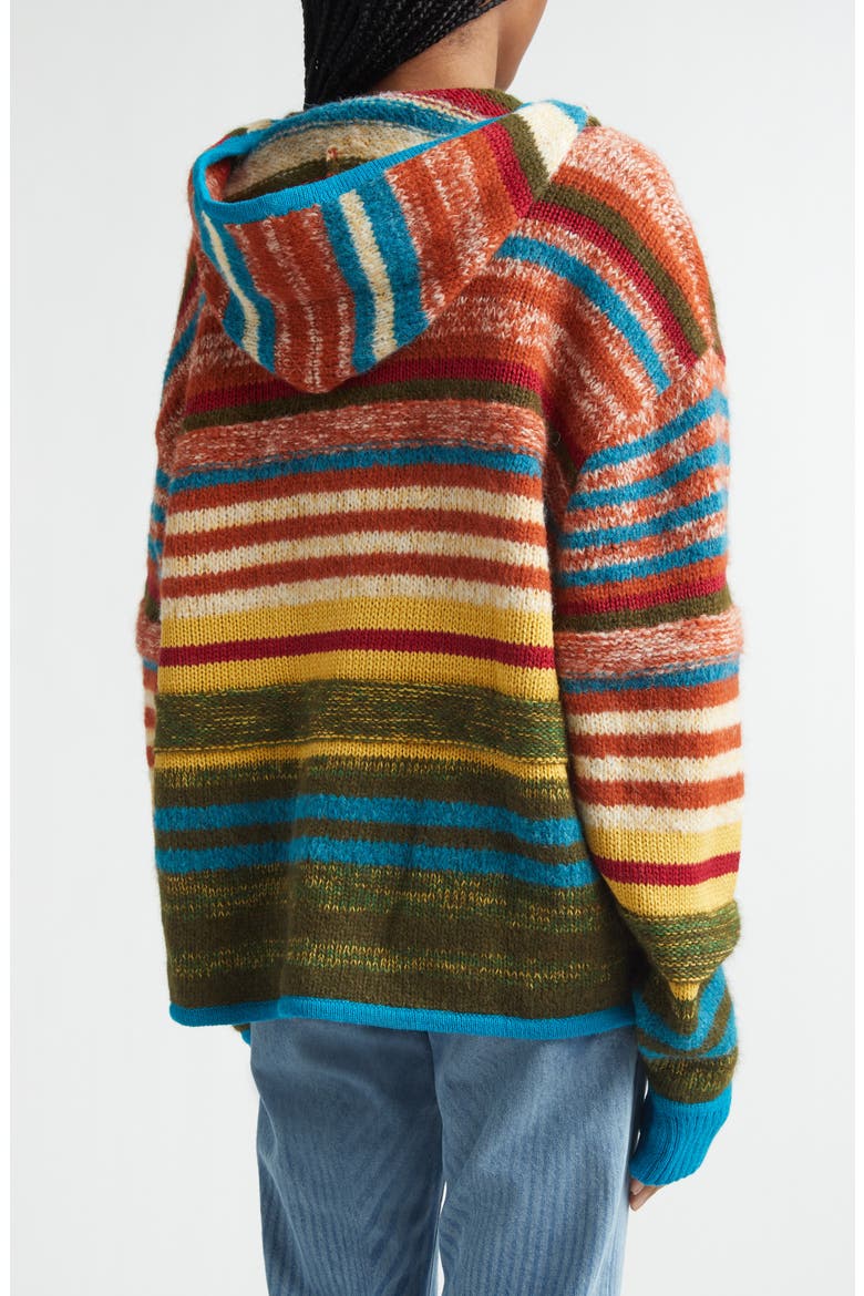 Stripe Hooded Alpaca & Merino Wool Blend Fulll Zip Sweater, Alternate, color, RAINBOW