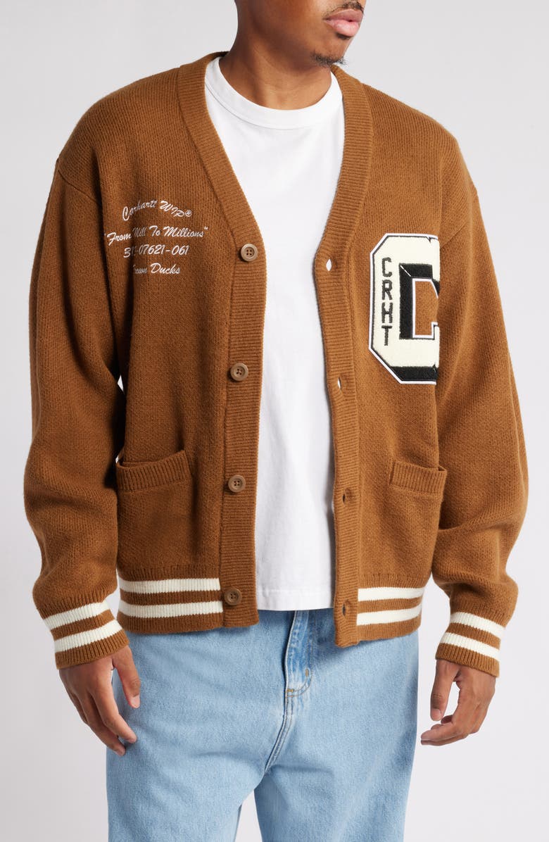 Carhartt Work In Progress Brown Ducks Embroidered Varsity Cardigan, Main, color, Hamilton Brown / Wax