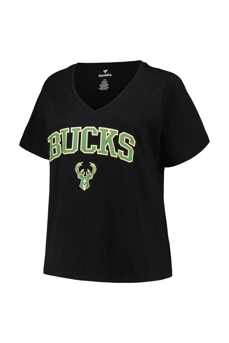 Women's Profile Black Milwaukee Bucks Plus Size Arch Over Logo V-Neck T-Shirt, Alternate, color, Black