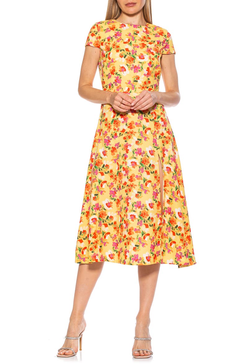 Lily Thigh Slit Midi Dress, Main, color, YELLOW WATERCOLOR