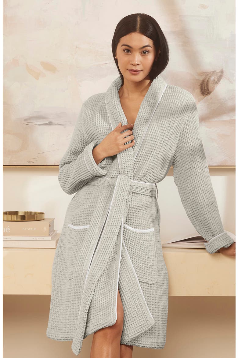 Organic Cotton Waffle Robe, Alternate, color, PEWTER/ WHITE