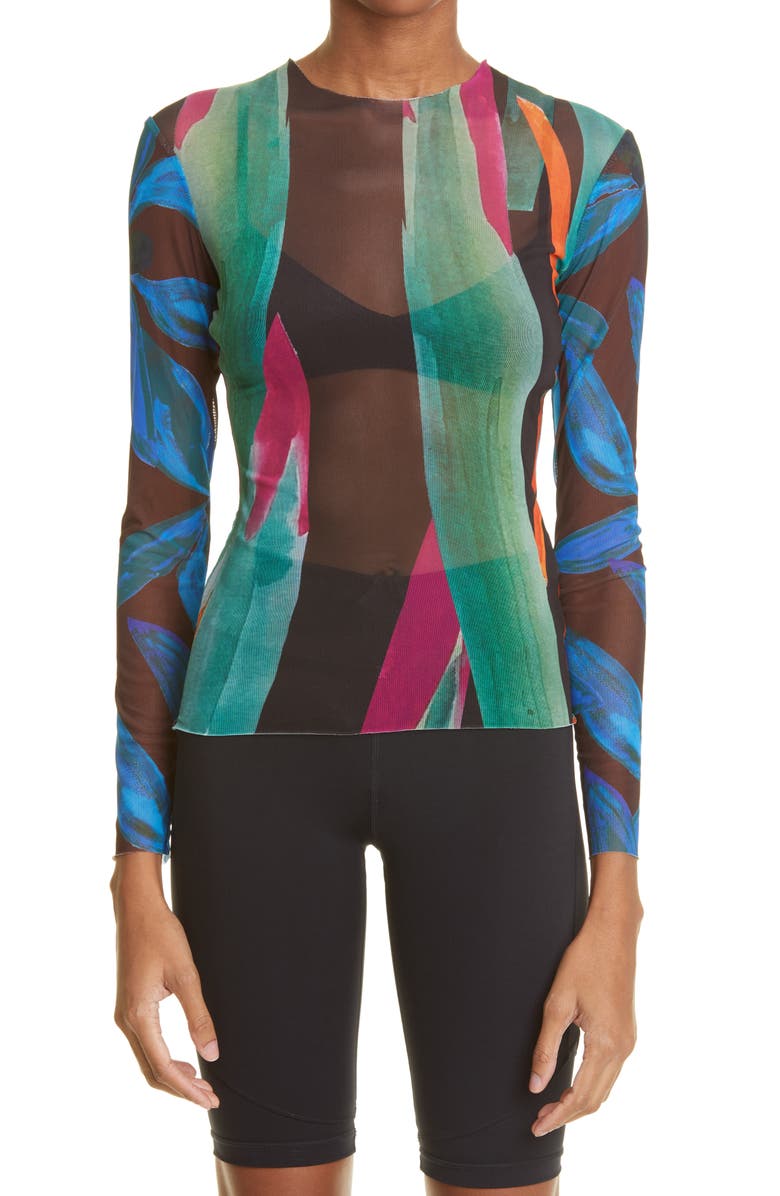 Louisa Ballou Combo Print Long Sleeve Mesh Cover-Up Top, Main, color,