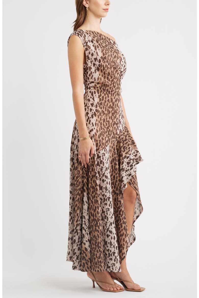 Cascading Off the Shoulder Evening Dress, Alternate, color, TAN- BLACK LEOPARD SPOT