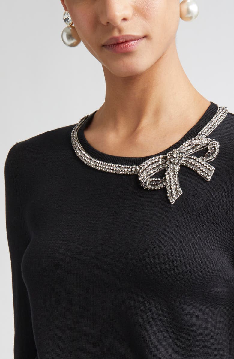 Carolina Herrera Crystal Bow Silk & Cotton Sweater, Alternate, color, Black