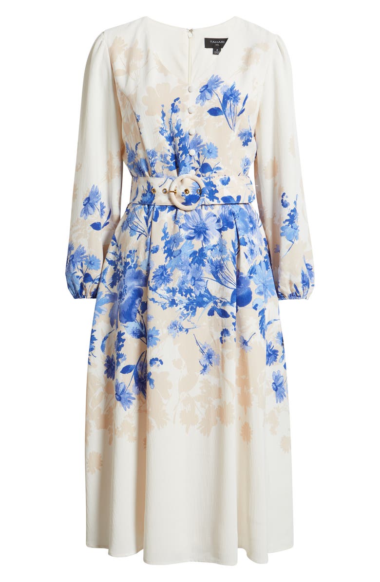 Tahari ASL Placed Floral Long Sleeve Dress, Alternate, color, Ivory Blue