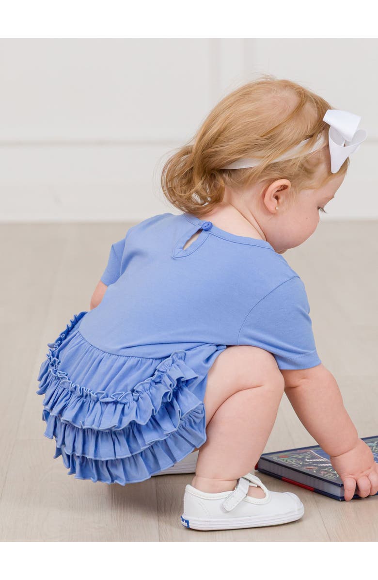 RuffleButts Knit Short Sleeve Bow Bubble Romper, Alternate, color, Periwinkle Blue