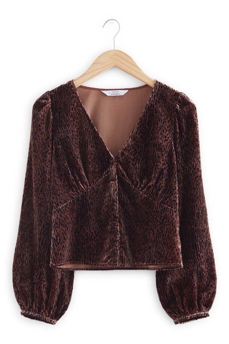Puff Shoulder Velvet Button-Up Top, Alternate, color, BROWN/ BLACK PAZ AOP