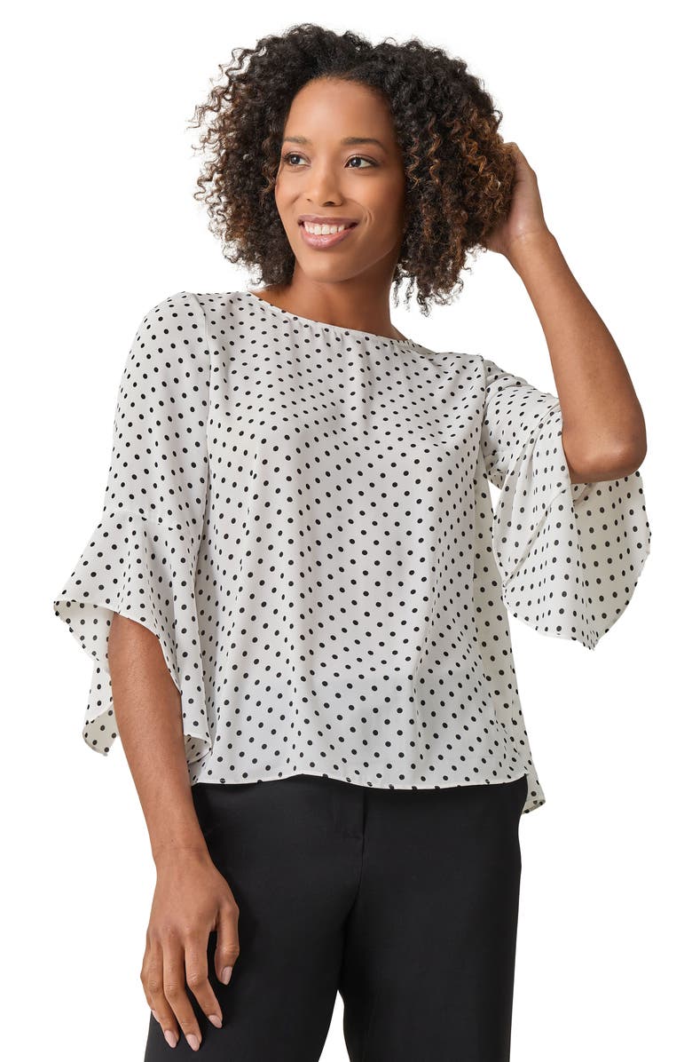 KASPER Polka Dot Ruffle Sleeve Crepe Top, Alternate, color, 