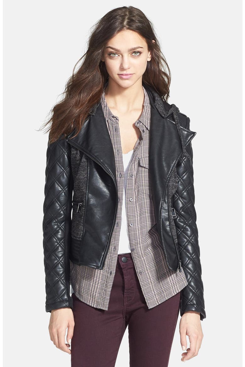 Knit & Faux Leather Hooded Moto Jacket, Alternate, color, BLACK