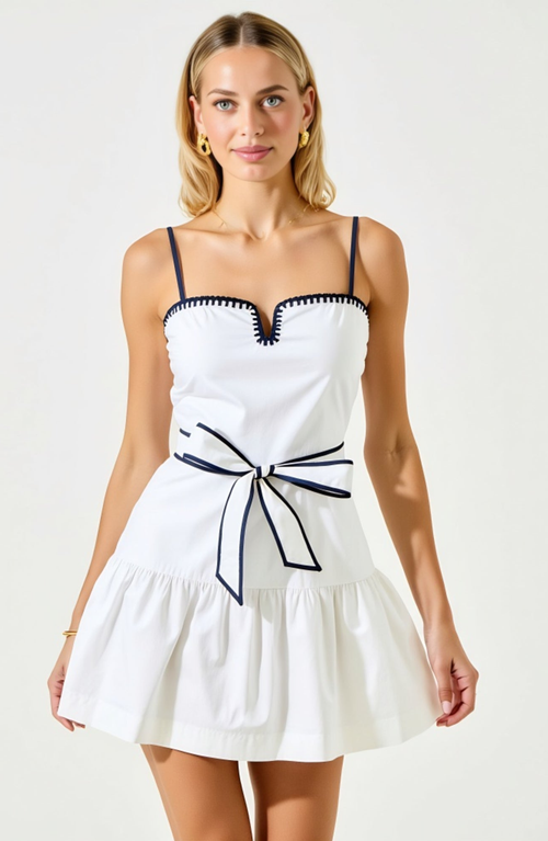 Modenaire Mini Dress With Spaghetti Straps Contrast Trim And Waist Tie Bow In White