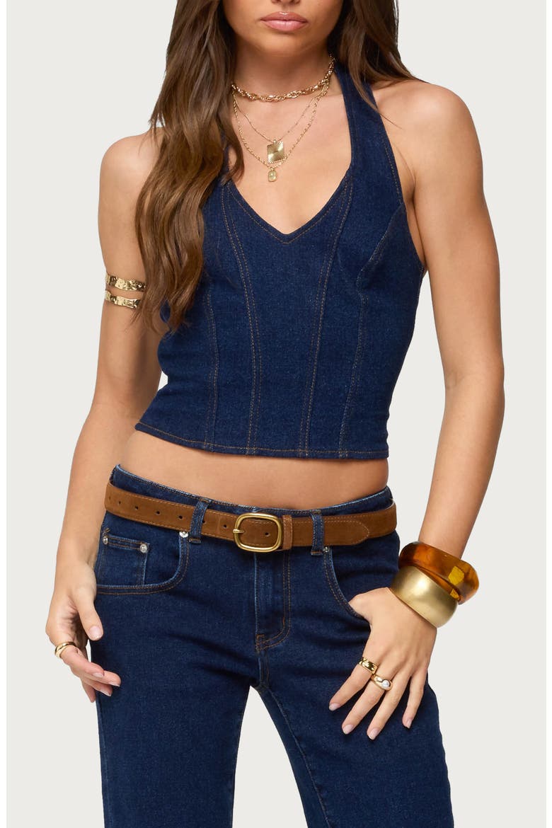 Jemma Contrast Stitch Denim Halter Top, Main, color, DARK-BLUE-WASHED