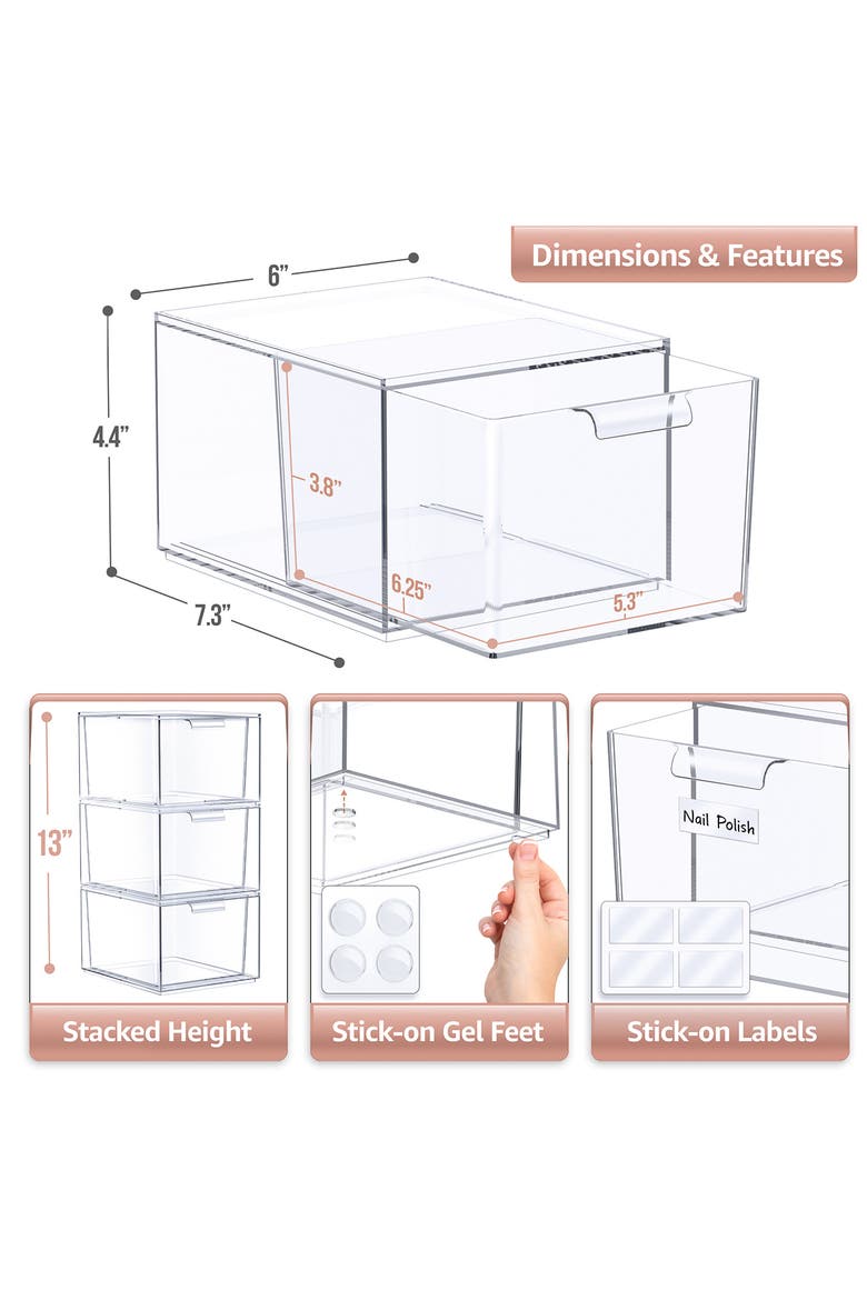 Set of 3 Stackable Drawers, Alternate, color, CLEAR