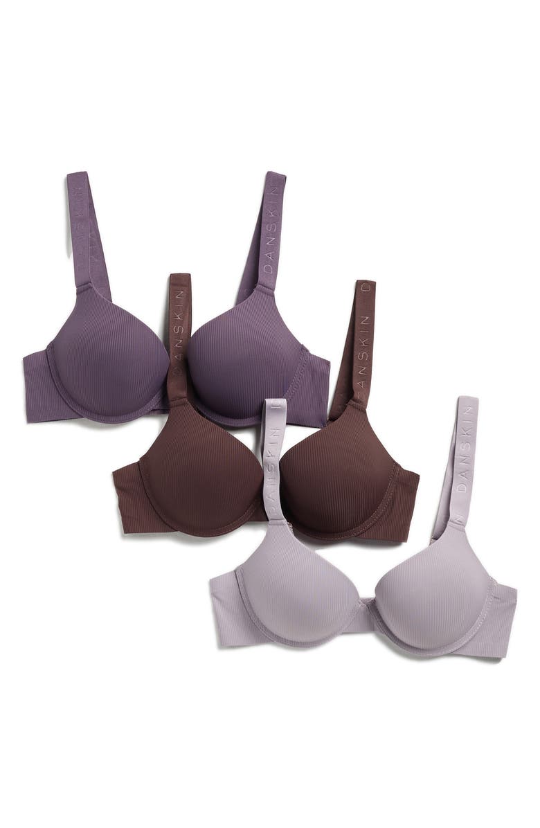 Danskin Assorted 3-Pack Rib Microfiber Bras, Main, color, Wood/ Winter Cosmos/ Violet