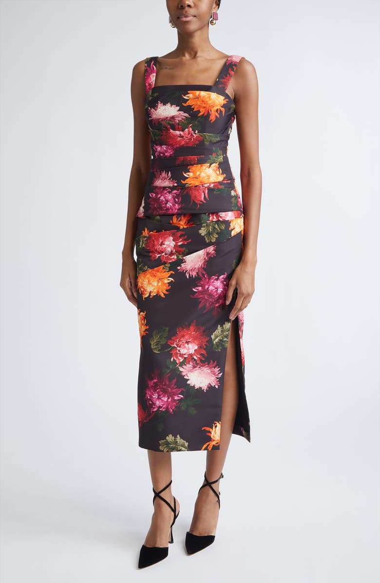 Carolina Herrera Chrysanthemum Print Pleated Faille Midi Dress, Alternate, color, Black Multi