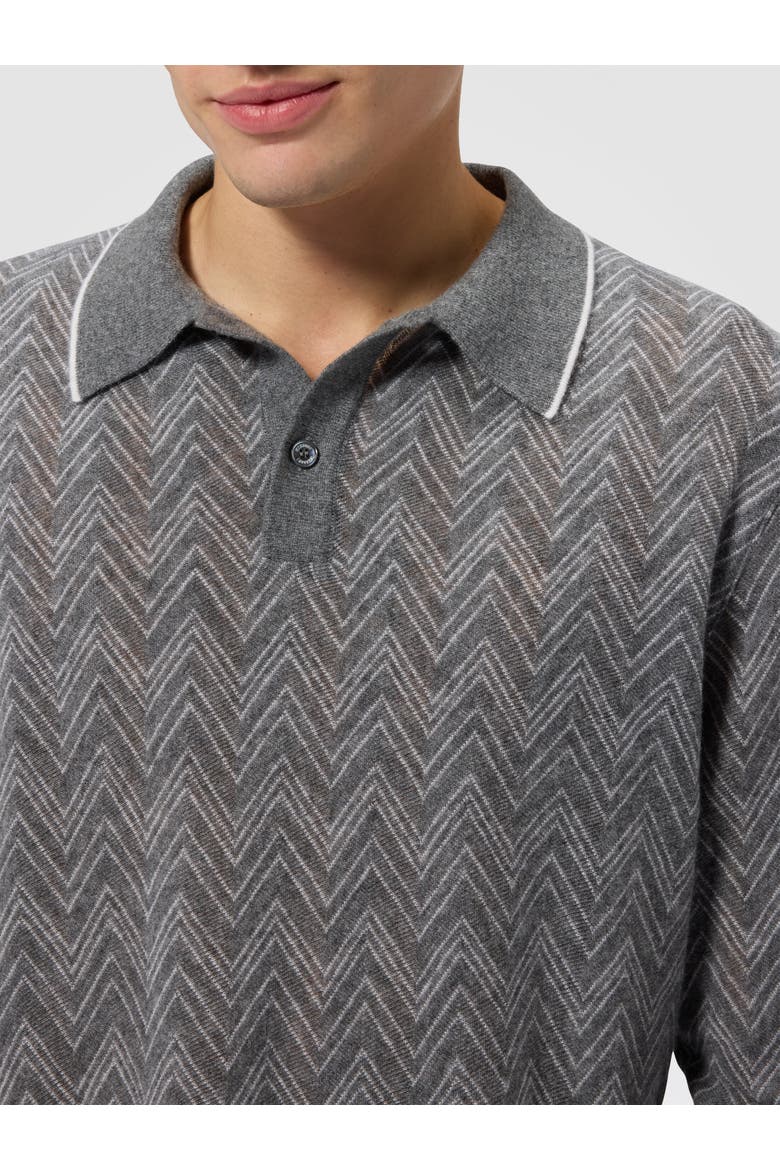 Long-sleeve Cashmere Zig Zag Polo Shirt, Alternate, color, Grey