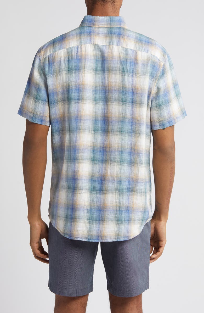 Original Penguin Delave Plaid Short Sleeve Linen Button-Down Shirt, Alternate, color, Tourmaline