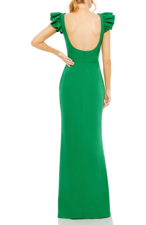 Mac Duggal Ruffle Cap Sleeve Open Back Column Gown In Green
