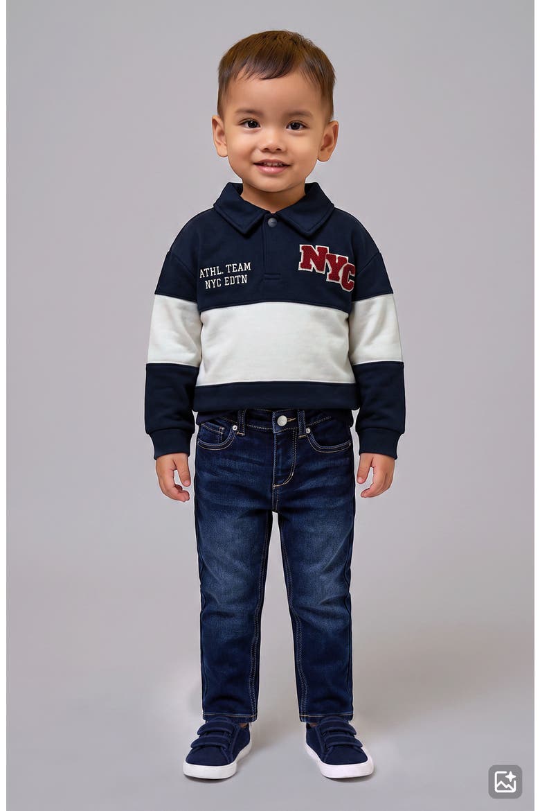 Kids' Long Sleeve Fleece Polo & Straight Leg Jeans Set, Alternate, color, NAVY